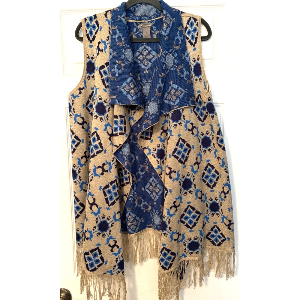 New Direction women's open‎ front cardigan sweater Vest large Blue Tan  fringe